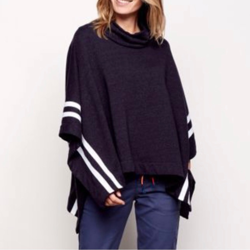 Sundry Funnel Neck Poncho Sweater Navy White Stripe One Size